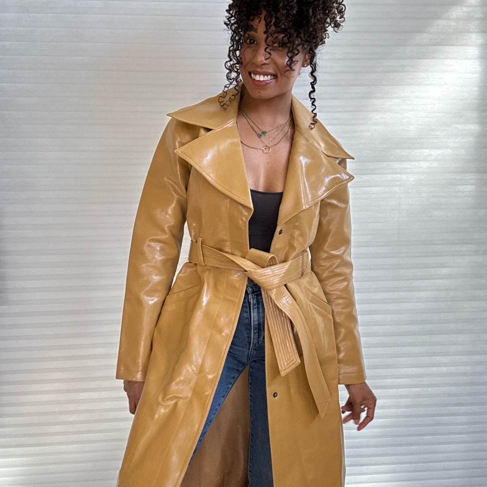 Jennyfer J Vintage Faux Leather Caramel Color  Trench Coat
